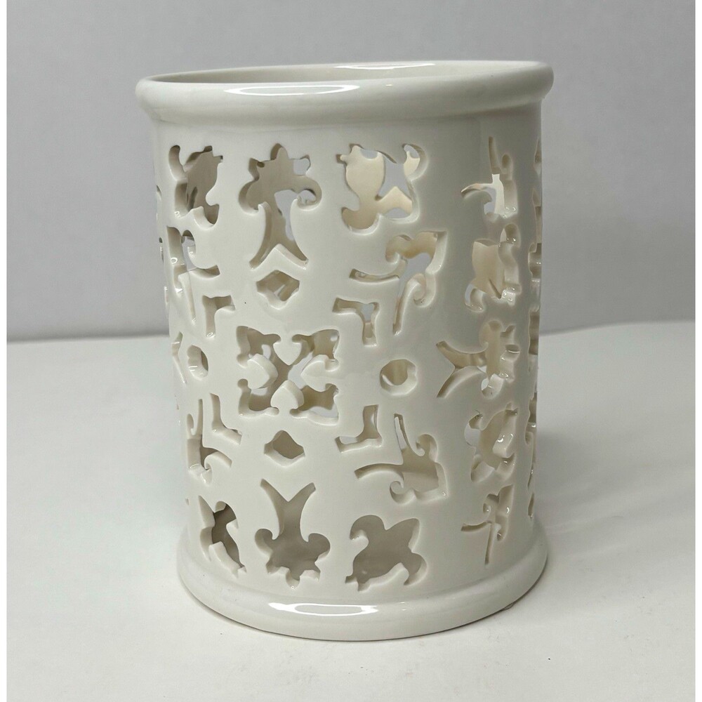 Casa Cristina White Ceramic Cutout Pillar Candle Holder 5 3/4" H 03-9798L